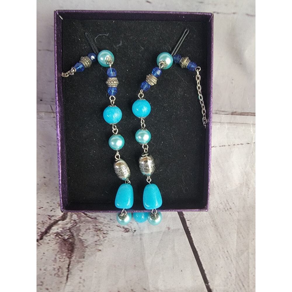 Blue Beaded Necklace Silver Accents Pearl Style Jewelry Silver Tone